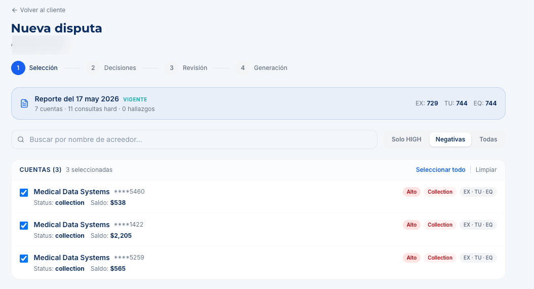 Dispute wizard step 1 — selecting negative accounts.