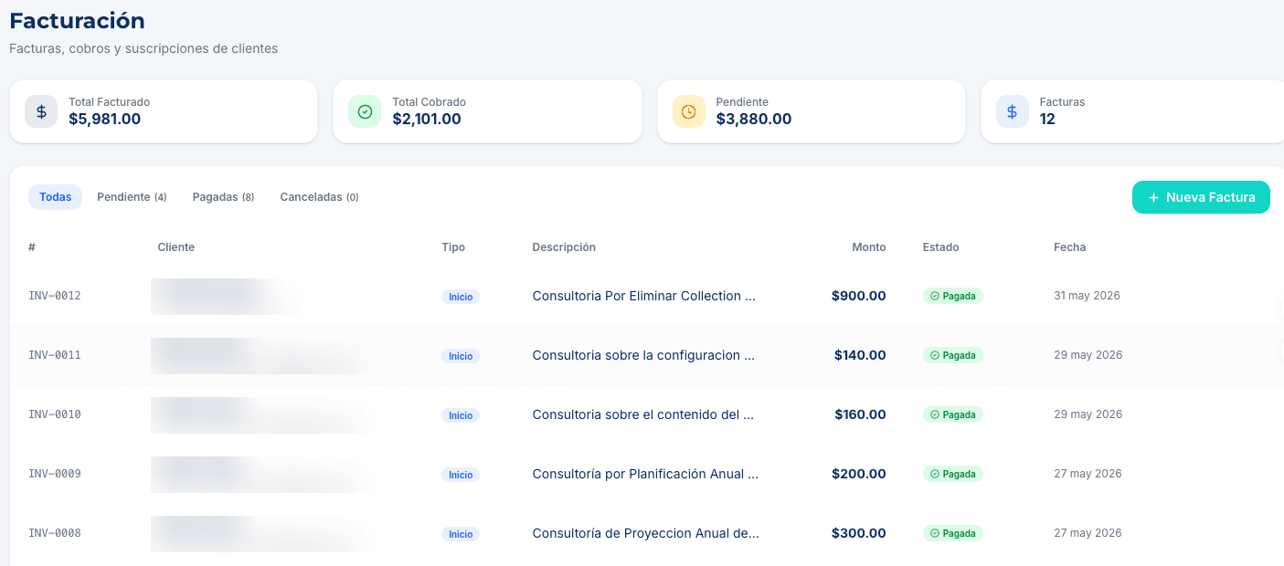 Billing screen with invoices and payment status.