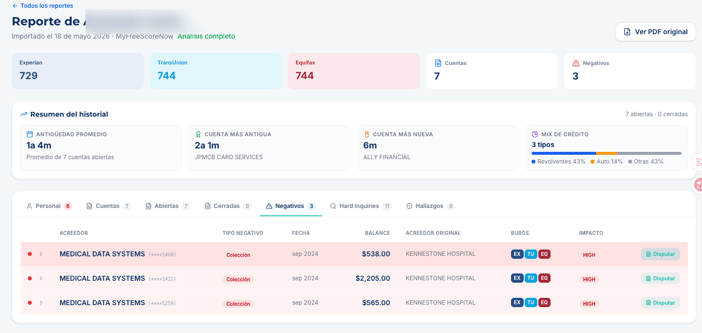 Negative tradelines tab with charge-offs and collections.
