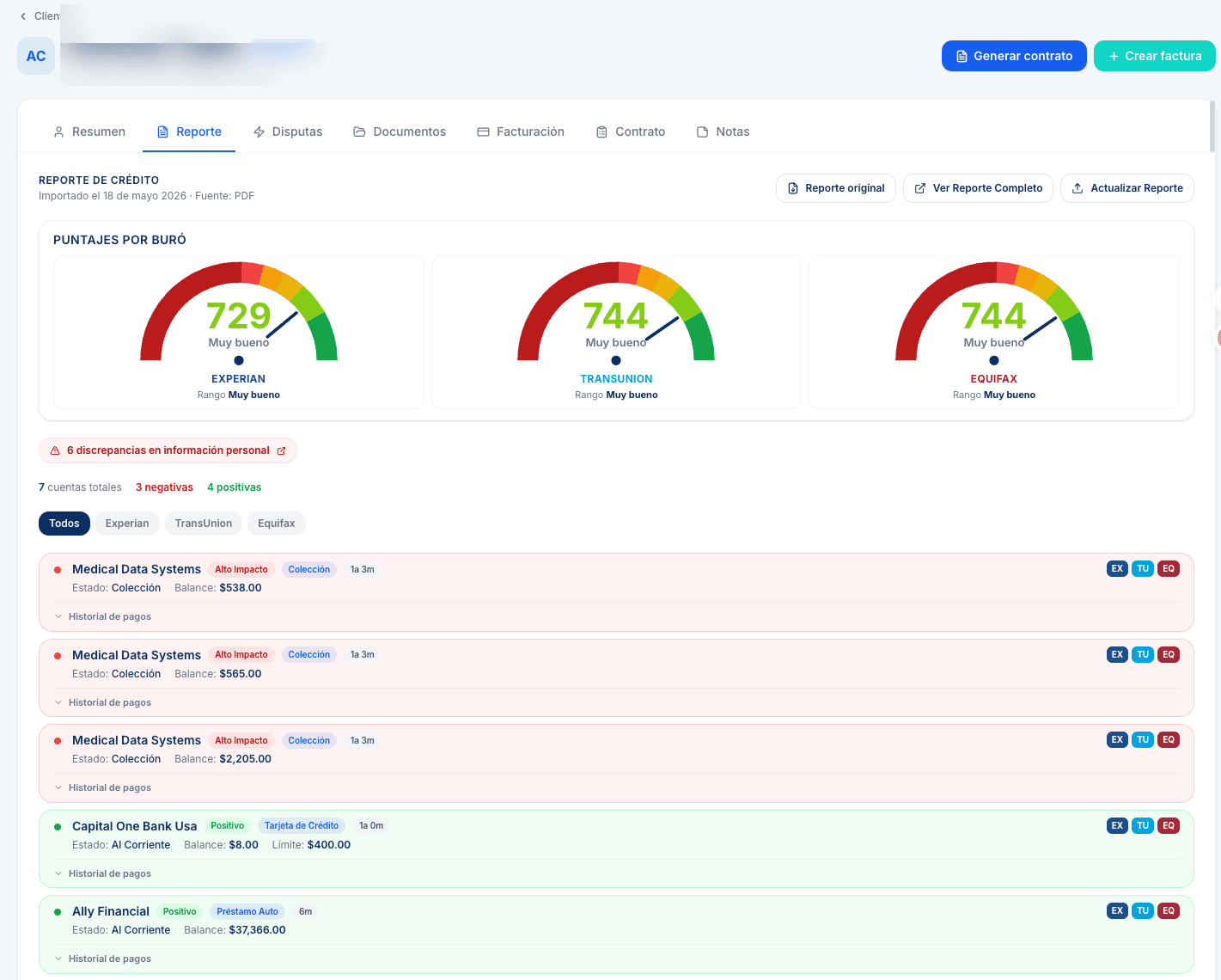 Client credit report view with bureau scores, negative tradelines and dispute actions.